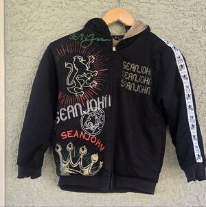 Sean John Black Graphic Zip Front Hoodie with Accent Tape